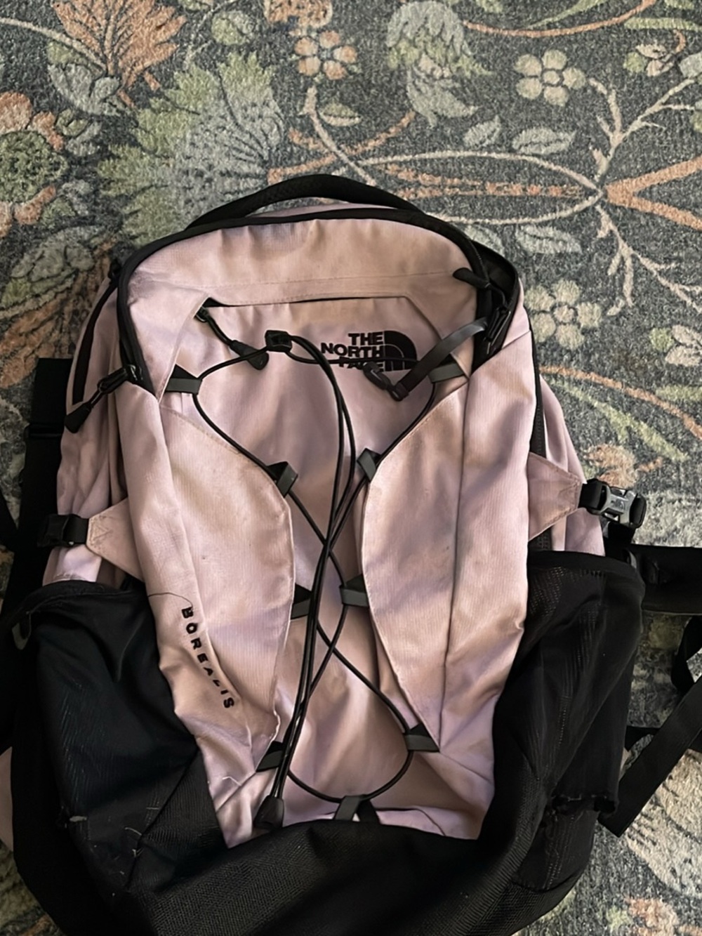 The North Face tan and gold leather backpack